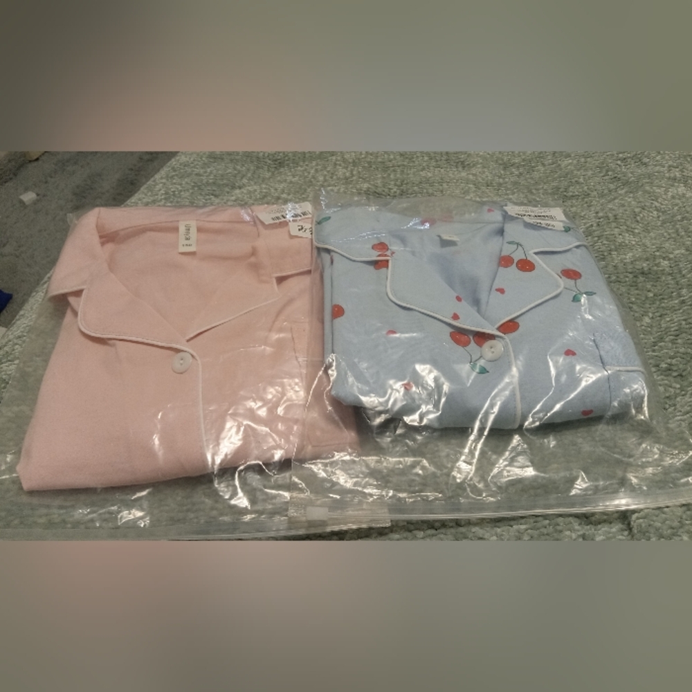 2 Piece Chidrens Button-Front Nightgowns - Light Pink & Light Blue Cherry Print